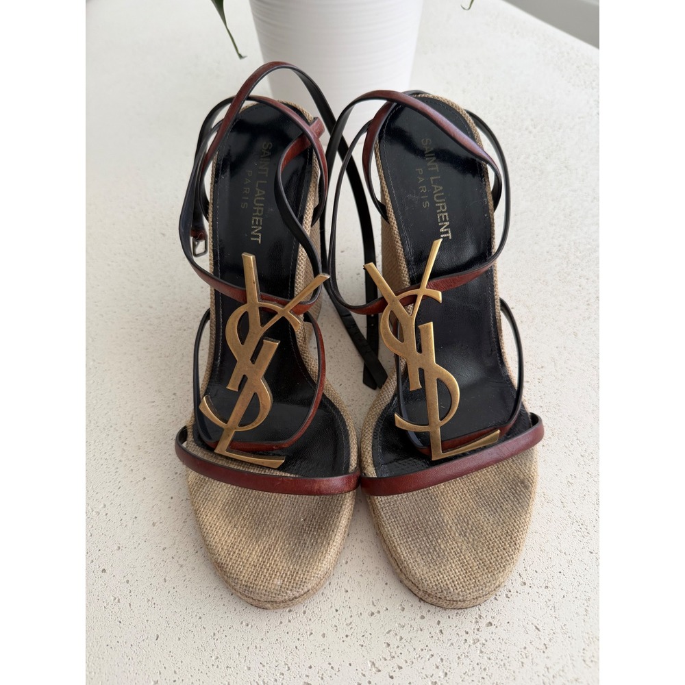 Saint Laurent Cassandra Wedge Sandals Brown Leather‎ Jute Canvas Gold YSL Logo
